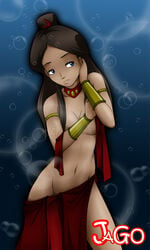 avatar_the_last_airbender blue_eyes brown_hair bubble_background clothing covering_breasts dark-skinned_female dark_skin female female_only fire_nation_clothing human jago_dibuja katara long_hair nickelodeon partially_dressed small_breasts solo straight_hair water_tribe