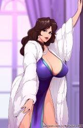 1girls big_breasts black_eyes blue_dress breasts brown_hair cat's_eye cleavage clothing coat dress ear_piercing earrings eyeshadow female female_only fur_coat hair hi_res huge_breasts lips lipstick long_hair looking_at_viewer mature mature_female mature_woman mole mole_under_mouth necklace neckwear nofuture pearl_necklace pelvic_curtain red_lipstick rui_kisugi solo solo_female thick_lips white_coat