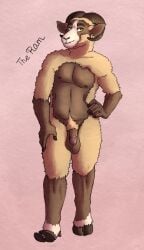 5_fingers anthro balls big_balls bovid bovid_horn brown_body brown_fur brown_wool caprine caprine_horn character_name ear_piercing ear_ring english_text fingers fur genitals hi_res hooves horn humanoid_hands kantachibli male mammal navel nipples nude_anthro nude_male penis piercing pubes ring_piercing sheep smile solo tan_body tan_fur tan_wool text the_ram_(kantachibli) wool_(fur)