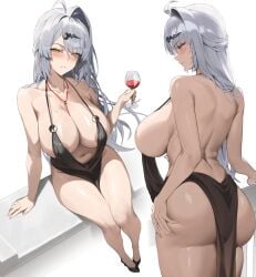 absurdres alternate_costume areola_slip ass black_dress blush breasts cocktail_dress cup dress drinking_glass evening_gown female grey_hair hair_ornament halterneck highres holding holding_cup huge_breasts long_hair looking_at_viewer mole mole_on_breast multiple_views navel pelvic_curtain samart satin_dress sideboob solo white_background wine_glass yellow_eyes yin_yang_pin yixuan_(zenless_zone_zero) zenless_zone_zero