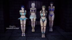 3d 4girls bagify bikini black_hair blue_hair bondage brown_hair dead_or_alive females_only full_body gag gagged lobelia_(dead_or_alive) luna_(doa) monica_(doa) multiple_girls nanami_(doa) swimsuit white_hair
