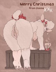 anthro anus ass bell bent_over blush bovid breasts bubble caprine christmas crate donna_(kantachibli) drunk drunk_bubble elderly_anthro elderly_female english_text female fur genitals hi_res holiday_message holidays jingle_bell kantachibli looking_at_viewer looking_back looking_back_at_viewer mammal mature_anthro mature_female nipples nude nude_anthro nude_female presenting presenting_hindquarters sheep solo substance_intoxication tail text url vulva wool_(fur)