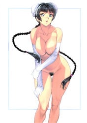 absurdres black_hair braid breasts bun_cover double_bun elbow_gloves female gloves gundam gundam_00 highres holding_arm homare_(fool's_art) large_breasts leaning long_hair looking_at_viewer nipples open_mouth pubic_hair simple_background solo tan tanline tied_hair twin_braids wang_liu_mei white_gloves