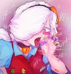 brawl_stars choker colette_(brawl_stars) erotic fingers hand nail_polish nails ponytail saliva saliva_drip saliva_string saliva_trail supercell thbahabu_pajn357 tongue tongue_out white_body white_hair white_shirt