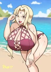 1girls beach big_breasts bikini bikini_bottom bikini_top blonde_hair bottomwear breasts brown_eyes female female_only forehead_jewel hair huge_breasts large_breasts lips mature mature_female mature_woman milf naruto naruto_(series) profit red_bikini smile solo solo_female sweat sweatdrop swimwear topwear tsunade