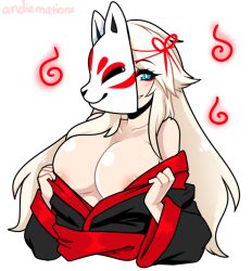 andiemations blonde_hair blue_eyes eye_makeup fox_mask foxgirl huge_boobs kemono long_hair mask nipple_peek pink_nipples shy_smile undressing