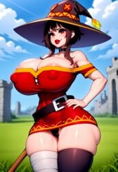 adapted_costume ai_generated areola areolae bandage bandaged_leg bandages bare_shoulders battle_bimbo belt belt_buckle belt_choker belt_collar bimbo bimbo_body bimbo_lips bimbofication bimbofied brown_hair cameltoe choker cleavage colored_nails eyeshadow grass grass_field hand_on_hip hand_on_own_hip hat holding holding_object holding_staff impossible_fit kono_subarashii_sekai_ni_shukufuku_wo! konosuba lipstick long_nails long_sidelocks makeup megumin microskirt nipple_bulge novelai off_shoulder outdoors outside pattern_clothing red_eyes ruins short_hair short_skirt short_sleeves sidelocks sorceress tgm101_(artist) thick_lips thighhighs thong witch witch_hat
