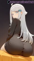 1girls 2025 ai_generated artist_name ass blue_eyes electroworld female from_behind hair_ornament hi_res high_quality high_resolution highres imouto_sae_ireba_ii kani_nayuta long_hair looking_at_viewer looking_back patreon patreon_username sitting solo stable_diffusion watermark