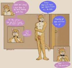 5_fingers anthro balls biped chuck_(p_rindustries) collar dialogue domestic_cat door english_text exclamation_point felid feline felis finger_twiddling fingers flaccid fur genitals hi_res humanoid_genitalia humanoid_penis inside male male_only mammal nervous nude offscreen_character p_rindustries penis pink_nose shaved_head signature solo standing striped_body striped_fur stripes submissive tan_body tan_fur text whisker_spots white_body white_fur