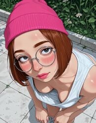 20th_century_fox 20th_century_studios ai_generated all_fours ass bangs bare_shoulders beanie bent_over black-framed_eyewear blush bob_cut breasts brown_hair clavicle cleavage clothes_pull clothing day denim downblouse eyelashes eyewear family_guy female female female_only flower footwear forehead freckles from_above glasses hat headwear indoors jousneystudio large_breasts leaning_forward light-skinned_female lips looking_at_viewer looking_back looking_up makeup medium_breasts meg_griffin nipples no_bra nose original outdoors pantsu parted_lips pink_headwear pink_lips pulled_by_self round_eyewear shiny_skin shirt shoes short_hair sleeveless smile socks solo standing tagme tank_top thick_eyebrows thighs tree underwear video white_footwear white_tank_top white_underwear