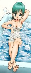 barefoot bathroom blue_hair breasts bulma_briefs dragon_ball dragon_ball_z feet female female_focus full_body highres jpeg_artifacts nipples nude soles solo toes water