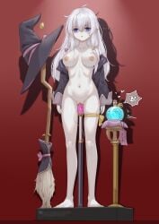 absurdres black_jacket blue_eyes bondage braid breasts broom censored dildo elaina_(majo_no_tabitabi) empty_eyes expressionless female flask full_body hat highres jacket large_breasts leg_ribbon long_hair majo_no_tabitabi mosaic_censoring nipple_piercing nipple_rings nipples nude object_insertion off_shoulder one_bar_prison parted_lips personality_excrement piercing pussy ribbon sex_toy side_braid solo spiked_dildo spoken_squiggle squiggle standing thigh_ribbon unworn_hat unworn_headwear vaginal_object_insertion vaginal_penetration white_hair witch_hat yakou_(4507770)