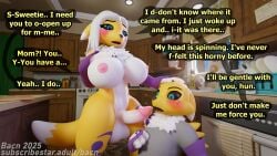 16:9 2025 3d_(artwork) 4k absurd_res after_transformation age_difference anthro areola bacn balls bandai_namco big_breasts blush bodily_fluids breasts canid canine claws clothed clothed/nude clothing detailed_background dialogue digimon digimon_(species) digital_media_(artwork) dominant dominant_female duo english_description english_text erection female fox futa_on_male futanari genital_fluids genitals hair hand_on_head hi_res huge_breasts humanoid_genitalia humanoid_penis imminent_oral imminent_sex incest_(lore) inside intersex intersex/female kitchen kneeling kneeling_oral_position male mammal mother_(lore) mother_and_child_(lore) mother_and_son_(lore) nipples nude nude_female older_female open_mouth oral parent_(lore) parent_and_child_(lore) parent_and_son_(lore) penile penis precum questionable_consent renamon renamon_(bacn) son_(lore) standing submissive submissive_male tail teeth text white_body widescreen yellow_body younger_male