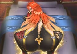ass background bed bedroom bedroom_background butt_focus eyes eyes_open genshin_impact hair jumpsuit long_hair mavuika_(genshin_impact) nyamel orange_eyes orange_hair skin white_skin