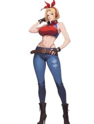 abs ai_generated bewitching_thighs big_breasts blonde_hair blue_eyes blue_mary full_body high_heel_boots jeans king_of_fighters midriff short_hair shu