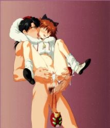 1boy absurdres after_sex after_vaginal age_difference amondetauro asuka_langley_sohryu bag balls black_hair blush cropped_jacket cum cum_in_pussy cum_string cumdrip erection female foreskin fur_collar handbag highres jacket kaji_ryouji large_penis licking licking_another's_face long_hair loose_socks low_ponytail male male_pubic_hair mature_male neon_genesis_evangelion orange_hair partially_retracted_foreskin penis ponytail pubic_hair pussy retracted_foreskin reverse_suspended_congress ryoji_kaji shoes socks souryuu_asuka_langley straight testicles torogao uncircumcised white_jacket white_socks