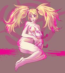 barefoot blonde_hair blood blue_eyes breasts danganronpa female gyaru junko_enoshima long_hair monokuma nipples nsfwee nude solo straight_hair tied_hair twintails