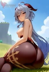 1girls 2d ai_generated ass big_ass breasts erophoenix female female_focus full_body ganyu_(genshin_impact) genshin_impact horns long_hair looking_at_viewer medium_breasts nipples pantyhose patreon_username silver_hair solo solo_female sweat thick thick_thighs uncensored undressing