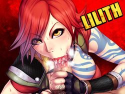 :>= angry_dragon borderlands borderlands_2 censored cum fellatio female fingerless_gloves gloves lilith_(borderlands) male_pubic_hair oral penis pubes pubic_hair red_hair sawao short_hair tattoo yellow_eyes