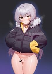 1boy absurdres balls bar_censor bell black_background black_bow black_jacket bottomless bow censored closed_mouth cowboy_shot gradient_background grey_hair hairbow hands_in_pockets highres jacket jingle_bell long_hair male male_focus neck_bell otonashi_(otonashi5959) penis purple_background small_penis solo testicles tongkkangi tongkkangi_(streamer) trap virtual_youtuber yellow_eyes