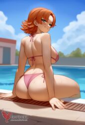1girls 2d ai_generated ass big_ass bikini breasts cleavage erophoenix female female_focus full_body large_breasts looking_at_viewer nora_valkyrie orange_hair patreon_username pool rwby short_hair side-tie_bikini solo solo_female swimsuit thick thick_thighs uncensored