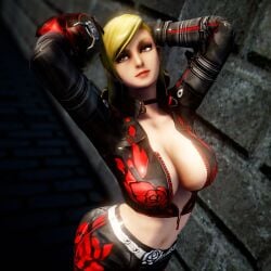 1girls 3d arms_behind_head big_breasts blonde_hair breasts brown_eyes busty child_bearing_hips cleavage female female_only hi_res highres king_of_fighters king_of_fighters_maximum_impact large_breasts leather leather_clothing leather_pants legs lien_neville looking_at_viewer medium_hair midriff navel no_bra pants pose posing red_lipstick seductive seductive_look seductive_smile sensual sexy sexy_pose smile snk solo thighs toned unzipped virtualblueam2 voluptuous