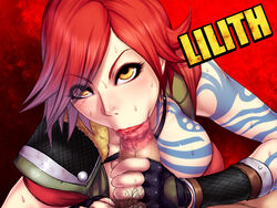 :>= angry_dragon borderlands borderlands_2 censored fellatio female fingerless_gloves gloves lilith_(borderlands) male_pubic_hair oral penis pubes pubic_hair red_eyes red_hair sawao short_hair tattoo yellow_eyes