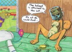 3_toes anthro breasts brown_body casual clothing container dialogue duo english_text feet female food fruit genitals hi_res jar jumpsuit male mammal nickelodeon nude paoguu pickle_(food) plant rodent sandy_cheeks sciurid speech_bubble spongebob_squarepants spread_legs tail text toes tree_squirrel vulva