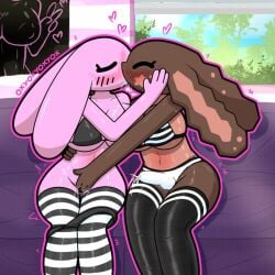 bedroom big_breasts blush bodily_fluids breasts cinnamon_(oxyoxyoxyox) coopher cum drool female fingering futanari huge_breasts kissing marshmallow_(oxyoxyoxyox) oxyoxyoxyox sloppy_kiss thick_thighs wet_pussy yuri yuri