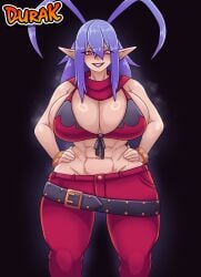 2025 abs blue_hair disgaea durak elf elf_ears female female_focus female_only gift laharl lips long_ears muscles muscular muscular_female pink_eyes r63 rule63 rule_63 solo thick