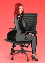 3d 3d_(artwork) ass ass avengers big_ass big_breasts big_butt black_widow_(marvel) bodysuit gun jarver looking_at_viewer marvel natasha_romanoff sitting sitting_on_chair source_filmmaker suit thick_ass thick_thighs