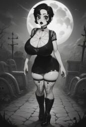 1girls ai_generated black_dress black_eyes black_hair black_lipstick blush bursting_breasts cemetery choker civitai cleavage female fishnet_thighhighs goth gothic greyscale hair_between_eyes high_heel_boots huge_breasts looking_at_viewer makeup mamely32 nipple_bulge outdoors pumpkin_potion short_hair solo standing virtual_youtuber