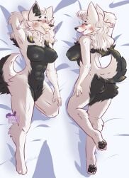 abs anthro arm_tuft bed_sheet bedding black_nipples black_vulva blue_eyes breasts canid canine canis domestic_dog elbow_tuft female fluffy fluffy_arms fluffy_butt fluffy_legs fluffy_tail hair humanoid husky lips long_hair mammal multicolored_body muscular muscular_anthro muscular_female neck_tuft nipples nordic_sled_dog nude nude_anthro nude_female oreokitten707 pawpads pink_lips sasha_alekseyeva siberian_husky solo spitz tail tuft two_tone_body