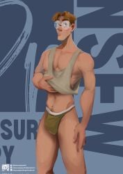 1boy artist_name atlantis:_the_lost_empire bulge disney english_text glasses male male_focus male_only milo_thatch muscular muscular_male nipples pecs pectorals pleasurepuppynsfw solo solo_male tank_top text underwear