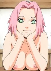 1girls alternate_breast_size bent_over blush breast_focus breast_rest breasts breasts_on_table cleavage completely_nude female female_only full_color green_eyes hands_on_face head_rest holding_breast huge_breasts kneeling looking_at_viewer manga_style naruto naruto_(series) naruto_shippuden nude nude_female offering offering_to_viewer pink_hair pinup presenting presenting_breasts sakura_haruno sakura_haruno(shippuden) smile solo solo_female upper_body