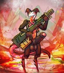 2025 4_fingers anthro arthropod balls big_penis biped black_body bodily_fluids church_(tasla_venhyle) cool. digitigrade erection fan_character fingers foreskin genital_fluids genitals gun hi_res holding_gun holding_object holding_ranged_weapon holding_weapon hollow_knight humanoid_genitalia humanoid_penis hybrid_genitalia hybrid_penis insects long_tongue male male_focus male_only medial_ring medial_ringed_humanoid_penis medial_ringed_hybrid_penis multicolored_body nonbinary_(lore) penis precum ranged_weapon red_body solo standing tail team_cherry tongue tongue_out uncircumcised weapon