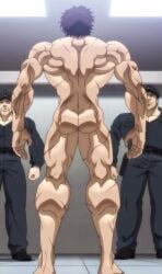 anime ass back_muscles baki_hanma baki_the_grappler brown_hair canonical_scene edit grappler_baki jail looking_at_another male male_focus mole muscles muscular muscular_male naked nude pants_down public public_exposure public_indecency public_nudity screenshot undressing