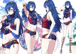 ameno_(a_meno0) armpits ass blue_eyes blue_hair blush breasts commentary_request female fire_emblem fire_emblem_awakening fire_emblem_cipher food food_in_mouth grin hair_between_eyes holding holding_swim_ring innertube looking_at_viewer lucina_(cipher_swimsuit)_(fire_emblem) lucina_(fire_emblem) medium_breasts melting_popsicle navel nintendo official_alternate_costume popsicle popsicle_in_mouth profile smile solo stomach swim_ring swimsuit tiara