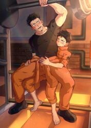 2boys age_difference akitaru_oubi arms_up bandaid bandaid_on_forehead bara barefoot beitemian betm biceps black_eyes black_hair blush brown_hair collarbone daddy dilf duo dust_particles enen_no_shouboutai feet fire_force firefighter firefighter_uniform frown fully_clothed gay gym hand_on_crotch hand_on_leg height_difference hi_res indoors kusakabe_shinra laugh looking_at_another magenta_eyes male male/male male_only manly mature_male muscles muscular muscular_male no_visible_genitalia obi_akitaru rainbow shinra_kusakabe short_hair sitting sitting_on_lap sitting_on_person sitting_on_pole size_difference spread_legs strong sunlight sweat sweatdrop toes tough_guy weightlifting yaoi