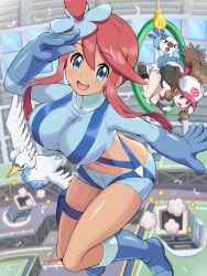 1girls absurdres baseball_cap blue_eyes blue_shorts boots breasts brown_hair crop_top dark-skinned_female dark_skin denim denim_shorts gloves hat highres hilda_(pokemon) jacket large_breasts long_hair midriff multiple_girls navel nintendo open_mouth oshawott pokemoa pokemon pokemon_(creature) pokemon_bw ponytail red_hair shirt short_shorts shorts skyla_(pokemon) smile swanna vest white_shirt