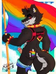 anthro ass biped bracelet butt_tattoo canid canine canis collar dantalos demon erection flag flag_(object) gear genitals harness hi_res humanoid_genitalia humanoid_penis hybrid jewelry legband lgbt_pride lgbt_pride_month looking_at_viewer looking_back looking_back_at_viewer male male_only mammal mrdarknesswolf penis pride_color_accessory pride_color_flag pride_colors proud public public_nudity rear_view solo spiked_bracelet spiked_collar spikes standing tattoo wolf