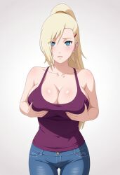 1girls ai_generated arms_on_breasts big_breasts blonde_hair blue_eyes civitai female female_only grabbing_own_breast hair_over_one_eye human ino_yamanaka jeans large_breasts long_hair naruto naruto_(series) naruto_shippuden ponytail solo tank_top tanktop