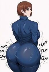 ai_generated blue_pants bubble_butt clapping_cheeks hi_res jujutsu_kaisen round_ass round_butt shoko_ieiri tagme text