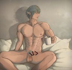 elezen elf_ears ffxiv haurchefant_greystone legs_spread male_focus pubic_hair solo_male