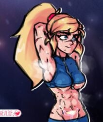 2024 abs beauty_mark blonde_hair blue_eyes buff casual_outfit_(metroid) digital_media_(artwork) eviltqf female fit fit_female glowing_tattoo lewd looking_away messy messy_hair metroid muscular_female musk musk_clouds nintendo phazon_slut ponytail pubic_tattoo samus_aran scar scars super_smash_bros. sweat sweatdrop sweating sweaty underboob womb womb_tattoo