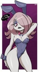 1girls big_breasts bigdeadalive breasts bunny_ears bunnysuit cleavage english english_text fake_animal_ears female female_only grey_body grey_skin hair hair_over_one_eye half-closed_eyes hand_behind_head hips little_witch_academia neckwear pink_hair purple_bunnysuit red_eyes ribbon solo solo_female speech_bubble sucy_manbavaran text thighs wide_hips