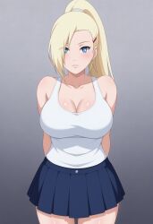 ai_generated arms_behind_back big_breasts blonde_hair blue_eyes civitai hair_over_one_eye ino_yamanaka large_breasts long_hair naruto naruto_(series) naruto_shippuden ponytail skirt tank_top tanktop