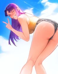 1girls 2024 2d adult adult_female ass ass_cleavage ass_focus bent_over big_breasts cartoon_network clothed clothed_female clothing cloud clouds female female_only heart human human_female human_only legs light-skinned_female light_skin limart long_hair looking_at_viewer misato_katsuragi neon_genesis_evangelion no_sex peace_sign provocative purple_eyes purple_hair realistic_proportions short_shorts sideboob sky smile smiling_at_viewer solo solo_female standing straight_hair tank_top teasing teasing_viewer thick_thighs thighs toonami v wholesome wink winking_at_viewer young_woman