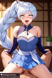 ahe_gao ai_generated blue_eyes cheating dress jaune_arc omega-weirdo patreon ponytail rwby straddling tongue_out weiss_schnee white_hair