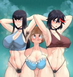 3girls armpit_fetish armpit_hair armpit_stubble armpits crop_top female female_only happy_trail huge_breasts kill_la_kill kiryuuin_satsuki kokobiel large_breasts mankanshoku_mako matoi_ryuuko pubic_hair pubic_hair_peek sports_bra steam steaming_body steamy steamy_armpits stink_fumes sweat sweat_stain sweaty_armpits